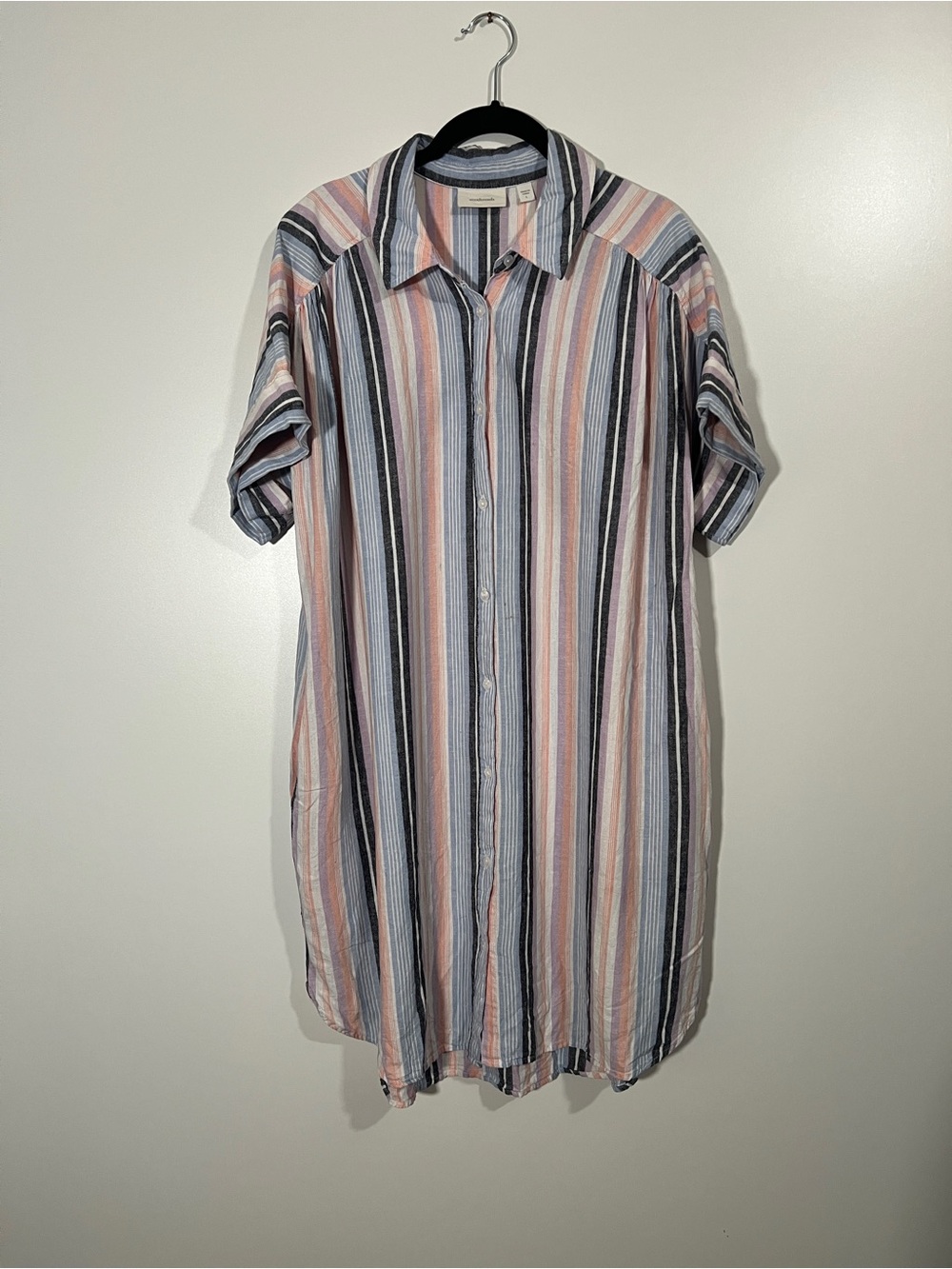 Ecothreads Linen Shirt Dress Vertical Stripes Size Large with Pockets Collared